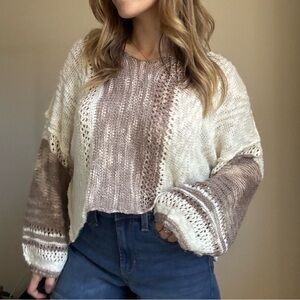 Angie Two-Tone Cream and Taupe Knit Scoop Neck Sweater
